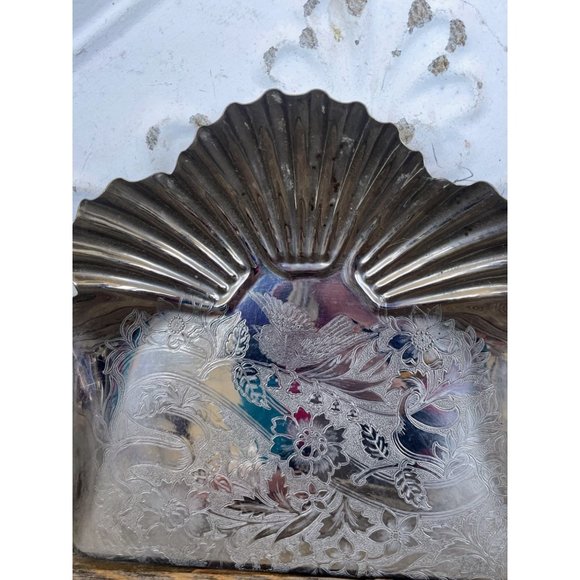 Antique Crumb Pan Tray Clam Shells Etched Bluebird flowers - Picture 11 of 16